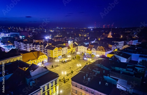 Aerial drone view Rybnik main square at night.