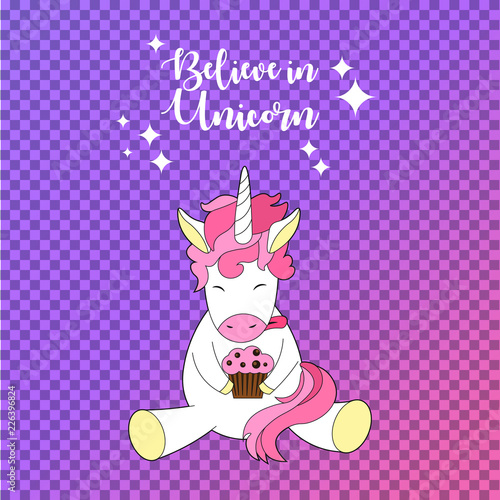 Beautiful cartoon unicorn art in a flat style. Design for baby clothes. Magical animal.  Cute unicorn character. Vector illustration.