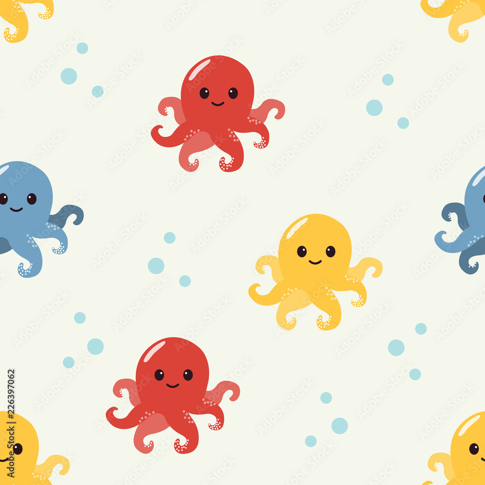 Vector seamless pattern with adorable cute octopus characters of different colors. Design for boys Vector seamless pattern with adorable cute octopus characters of different colors. Design for boys