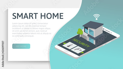 Smart house concept. Isometric image with modern home and smart phone. 3d vector illustration