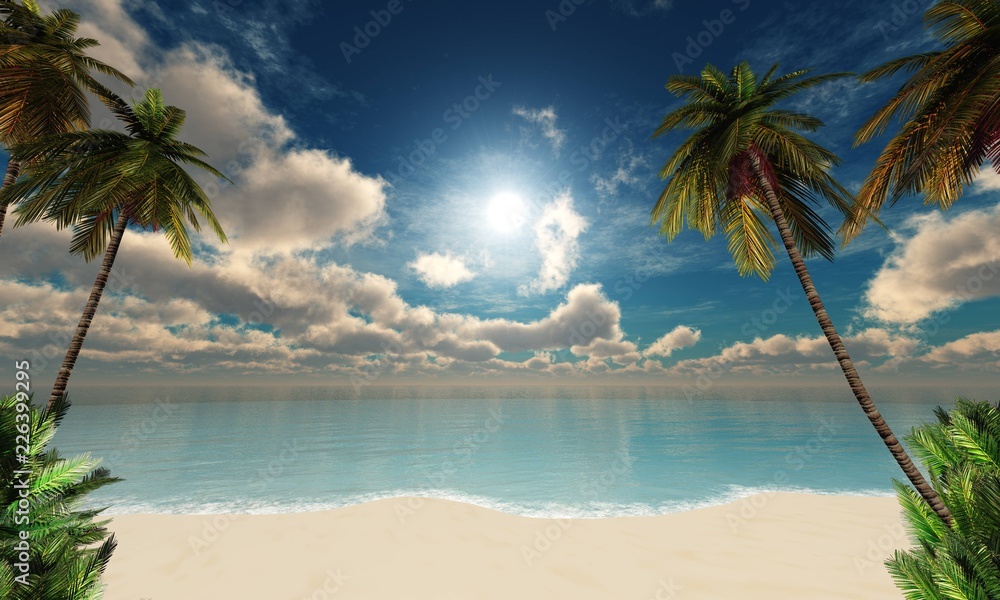 Tropical beach with palm trees at sunset Stock Illustration | Adobe Stock
