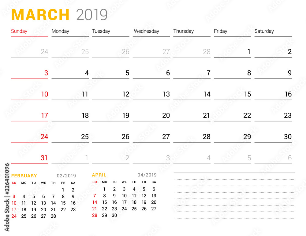 Calendar template for March 2019. Business planner. Stationery design. Week starts on Sunday. 2 Months on the page. Vector illustration Calendar template for March 2019. Business planner. Stationery design. Week starts on Sunday. 2 Months on the page. Vector illustration