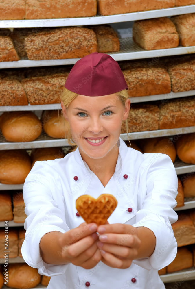 A young baker girl takes up her work in a bakery. She poses for the