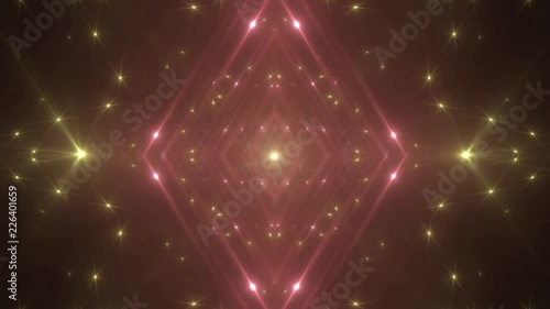 Red and gold stage lights tunnel. Neon lights background disco floodlight with rays on black background. Movement of lasers. VJ Footage seamless loop. For background fashion show