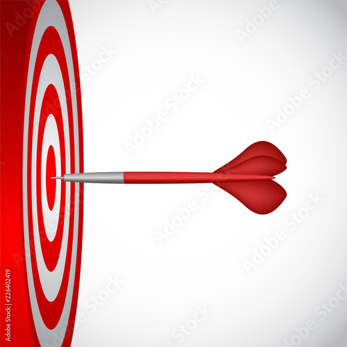 Darts game with round red and white striped target and missile. Symbol of successful actions. Perfect competetive skills, bull's eye score results. Vector concept for luck, accuracy isolated on white.