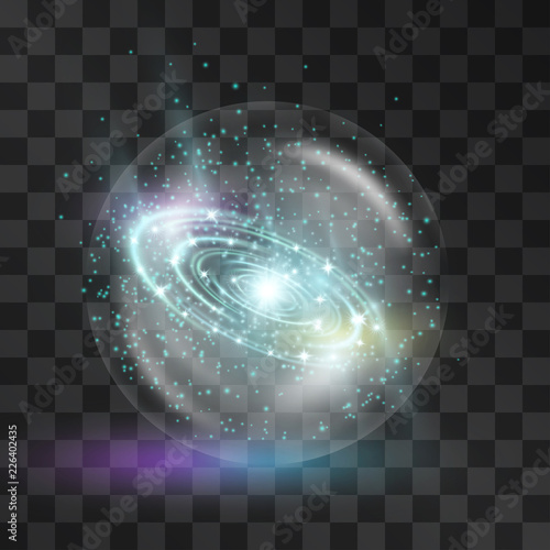 Galaxy in magical crystal ball vector illustration isolated on transparent background. Mystical predictions, future forecast, esoteric prophecies. Space universe with sparkles and stardust.