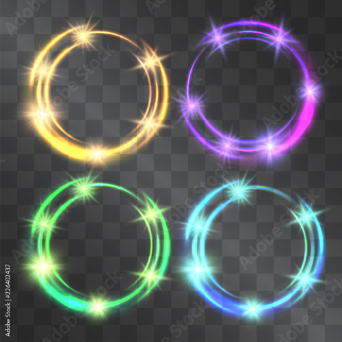 Vector neon light effect circle frame set, hazy flare vortexes. Magical glowing scribble paths, party illumination. Glistening energy rings swirling flow in motion. Luxurious starry flares.