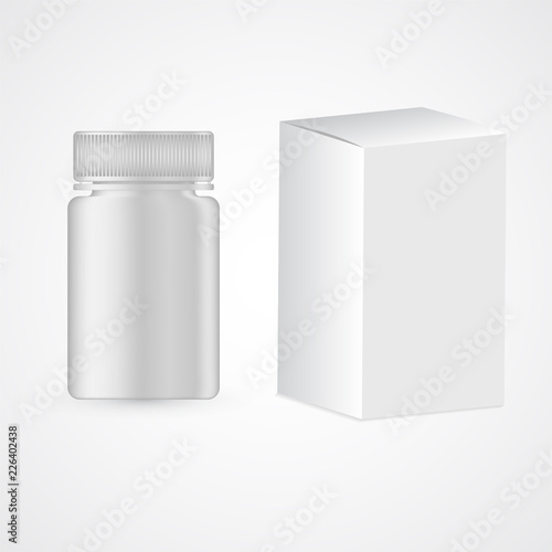 Plastic medicine container for pills, drugs isolated on white. Box and package for vitamins supply, detox tablets, mint candies. Realistic bottle with ribbed caps and cardboard packaging.