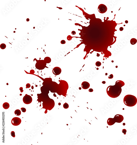 Set of realistic bloody splatters. Drop and blob of blood. Bloodstains. Isolated. Vector illustration. Red puddles