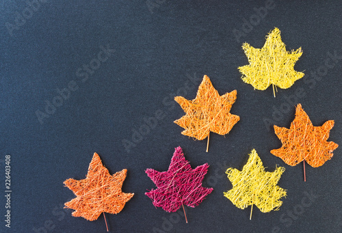 Colorful autumn leaves decorations on dark or black background. Simple autumn background
