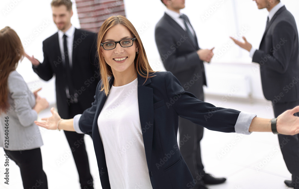 greeting gesture business woman smiling