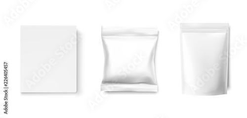 Set of white blank pouch packs and box mockup. Vector illustration isolated on white background. Ready for your design. Can be use for your design, presentation, promo, ad. EPS10.