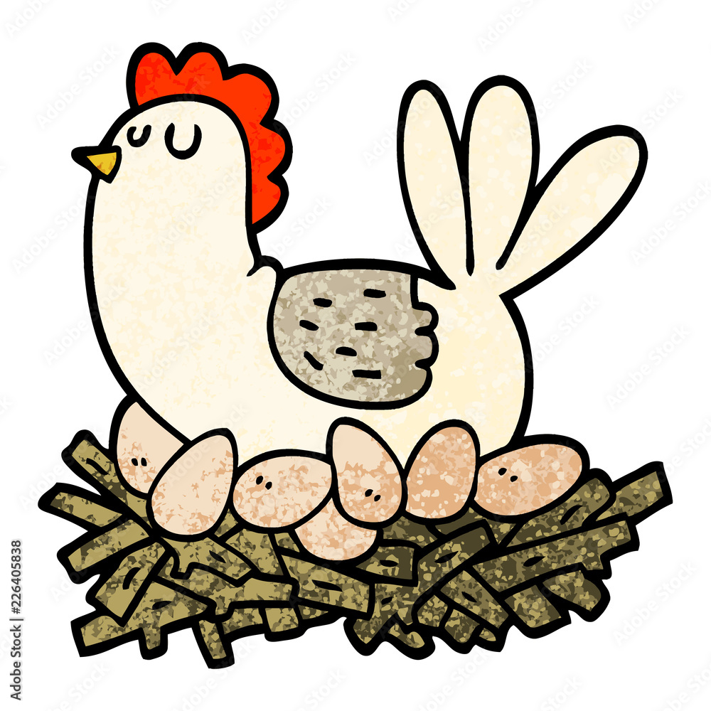 grunge textured illustration cartoon chicken on nest of eggs grunge textured illustration cartoon chicken on nest of eggs