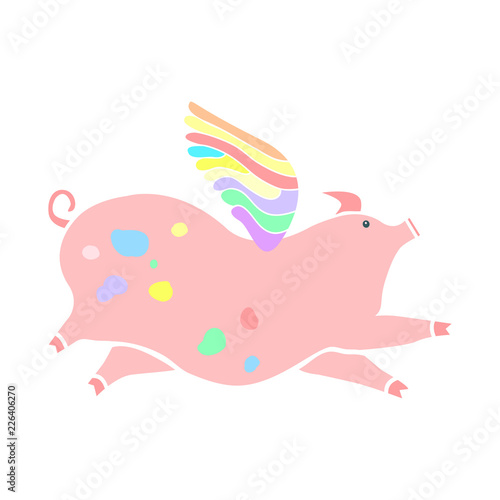 Pink pig with colorful wings, isilated vector illustration. Cute element. Symbol of Chinese New Year 2019