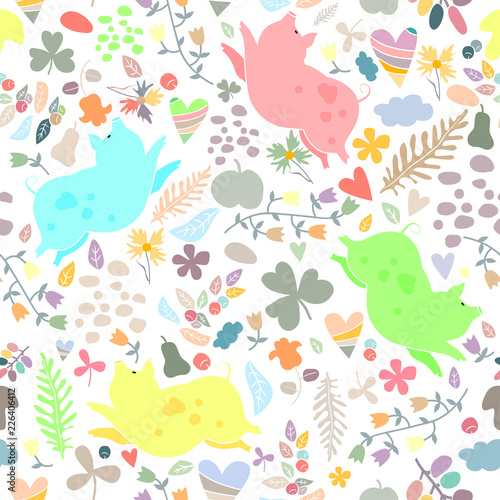 Beautiful seamless pattern with cute colorful pigs, leaves, flowers, hearts on white background. Bright vector design