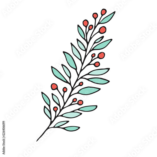 Branch with berries. Floral Print design. Nature logo illustration.