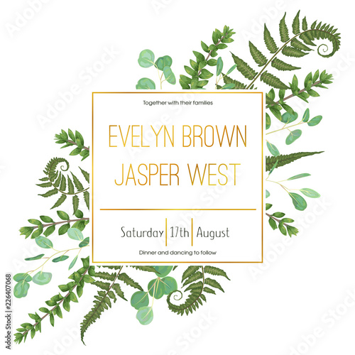 Wedding floral invitation, invite card. Vector watercolor set green forest fern, herbs, eucalyptus, branches boxwood, buxus. Natural, botanical decorative frame gold, square