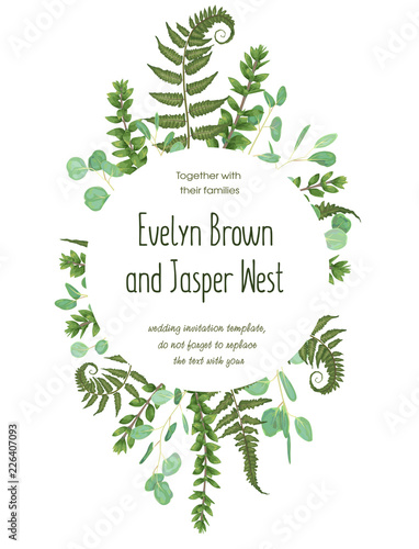 Wedding floral invitation, invite card. Vector watercolor set green forest fern, herbs, eucalyptus, branches boxwood, buxus. Natura, botanical green decorative round frame, border, circle