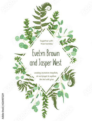 Wedding floral invitation, invite card. Vector watercolor set green forest fern, herbs, eucalyptus, branches boxwood, buxus. Botanical decorative round frame, rhomb, geometric
