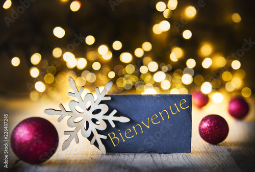 Christmas Background, Lights, Bienvenue Means Welcome, Balls photo