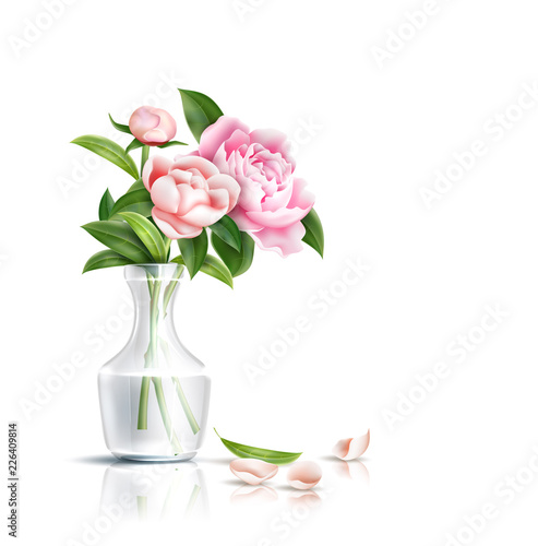 Vector realistic pink rose flower leaves bouquet