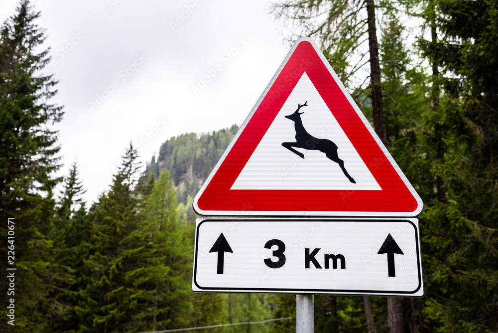 Traffic Sign Warning Against Wildlife on a Mountain Road on a Cloudy Spring Day Traffic Sign Warning Against Wildlife on a Mountain Road on a Cloudy Spring Day