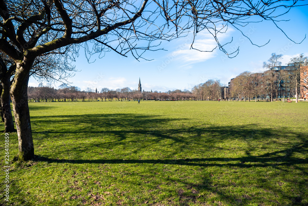 Beautiful Lawn Surrounded by Bare Trees in a Park on a Clear Winter Morning. Edinburgh, Scotland. Beautiful Lawn Surrounded by Bare Trees in a Park on a Clear Winter Morning. Edinburgh, Scotland.