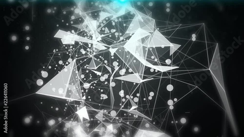 Plexus of abstract gray geometrical lines with moving triangles and dots on a black background with slow motion. looping cg animation.