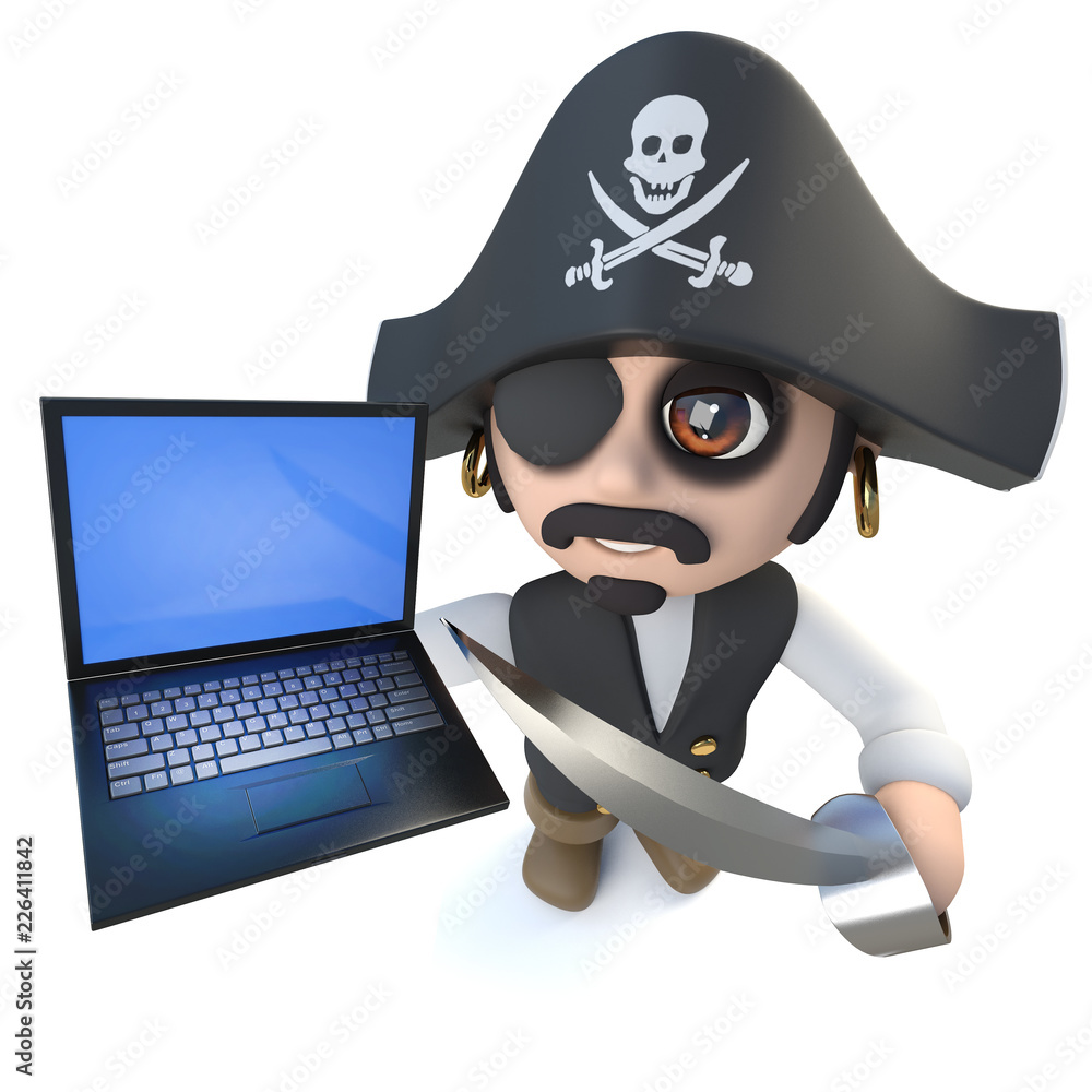 3d Funny cartoon pirate captain character holding a laptop computer device  Stock Illustration | Adobe Stock