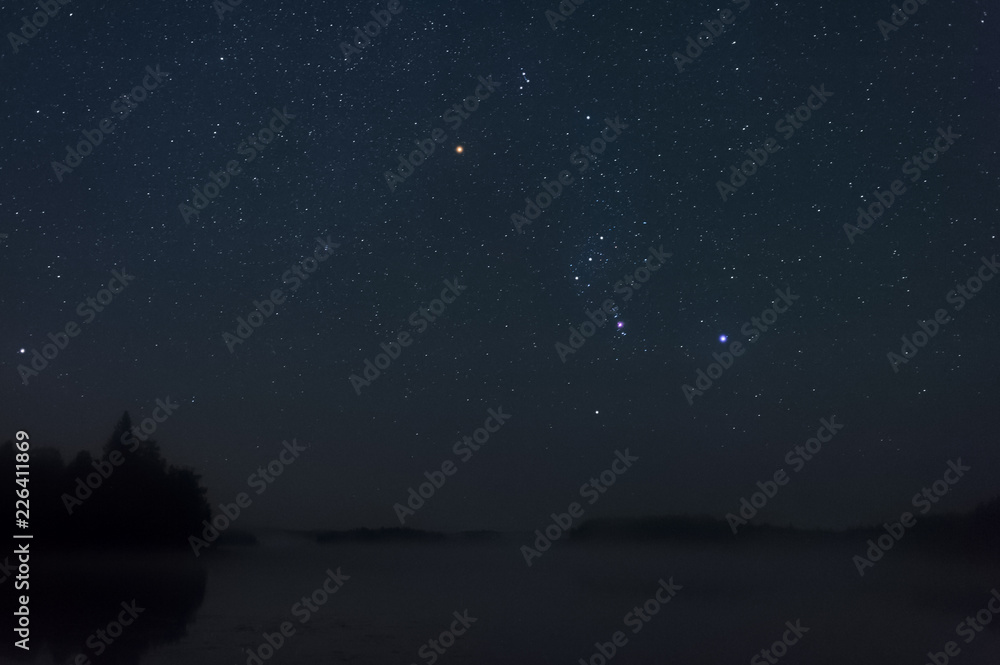 Orion constellation above misty lake. - obrazy, fototapety, plakaty 