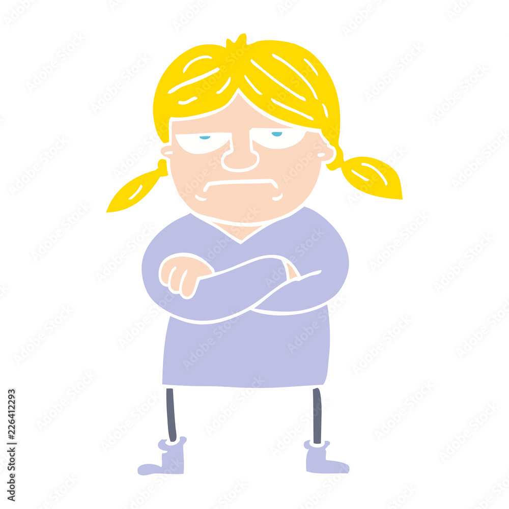 flat color illustration cartoon grumpy girl Stock Vector | Adobe Stock