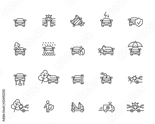 car insurance symbol; auto crash sign; line black icons set on white background