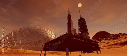 Fototapeta Naklejka Na Ścianę i Meble -  Extremely detailed and realistic high resolution 3d illustration of a colony on mars like planet. Elements of this image are furnished by Nasa.