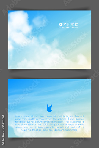 Two-sided horizontal flyer of a4 format with realistic beige-blue sky and clouds. The image can be used to design a banner, poster and postcard.