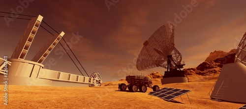 Fototapeta Naklejka Na Ścianę i Meble -  Extremely detailed and realistic high resolution 3d illustration of a colony on mars like planet. Elements of this image are furnished by Nasa.