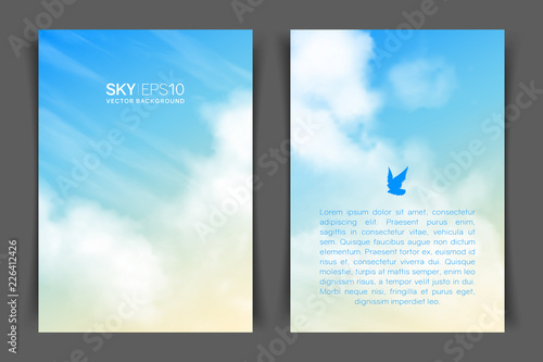 Two-sided vertical flyer of a4 format with realistic beige-blue sky and clouds. The image can be used to design a banner, poster and postcard.