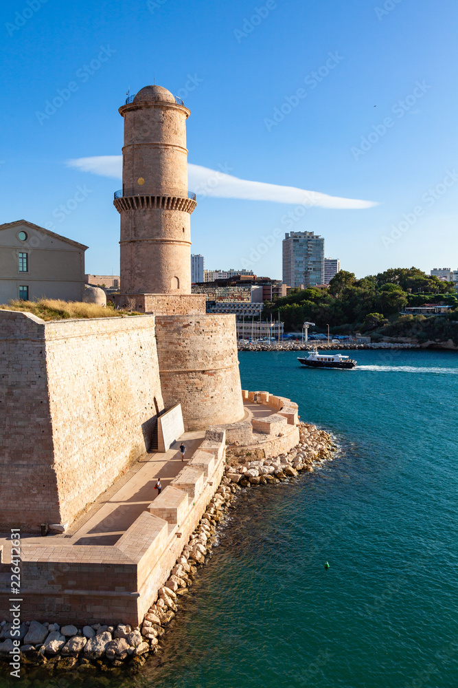 view of Marseille pier, Fort  Saint Jean castle in south of France