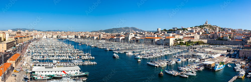 Panoramic View of Marseille pier - Vieux Port in south of France