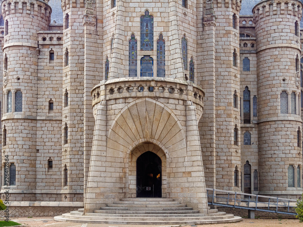 The entrance of the Episcopal Palace of the Spanish architect Antoni Gaudi - Astorga, Castile and Leon, Spain