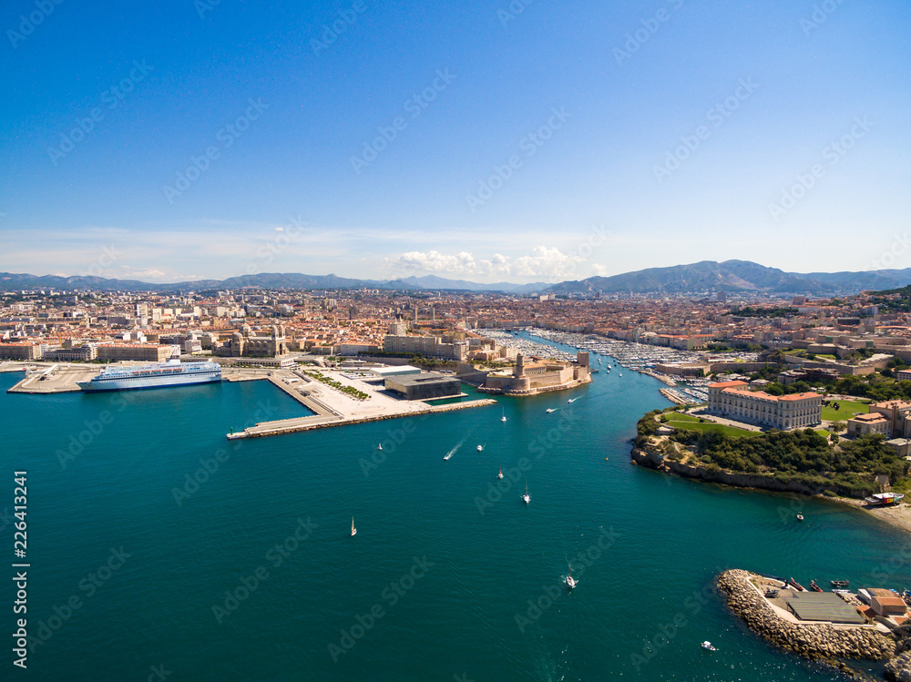 Aerial view of Marseille pier - Vieux Port, Saint Jean castle, and mucem in south of France