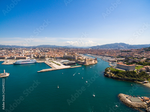 Aerial view of Marseille pier - Vieux Port, Saint Jean castle, and mucem in south of France