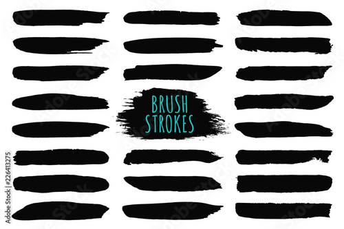 Brush strokes collection. Hand drawn brush strokes, black paint strokes and ink lines. Design elements, text boxes