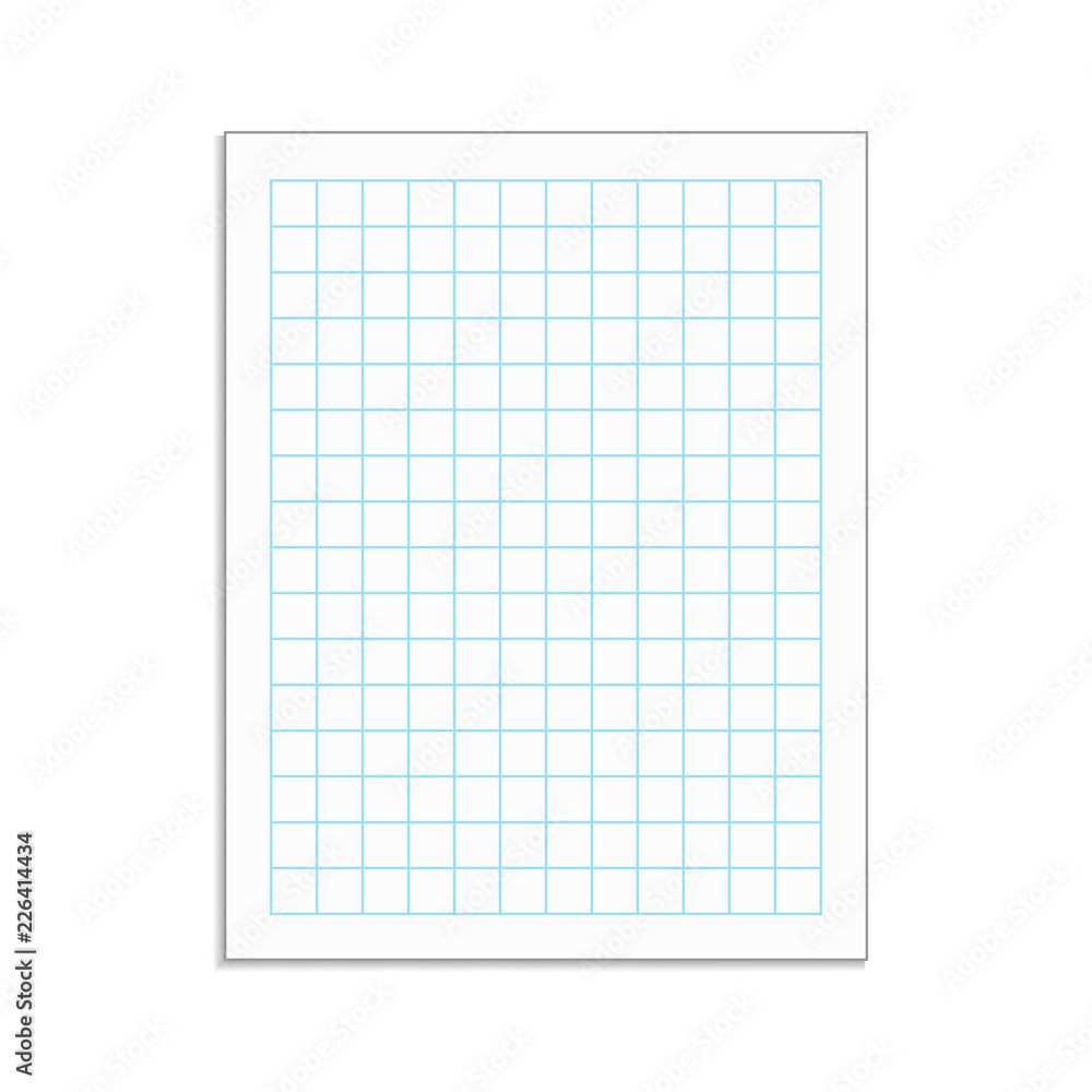 Graph paper sheet with drop shadow. Grid paper vector notebook sheet with blue lines. Graph paper sheet with drop shadow. Grid paper vector notebook sheet with blue lines.
