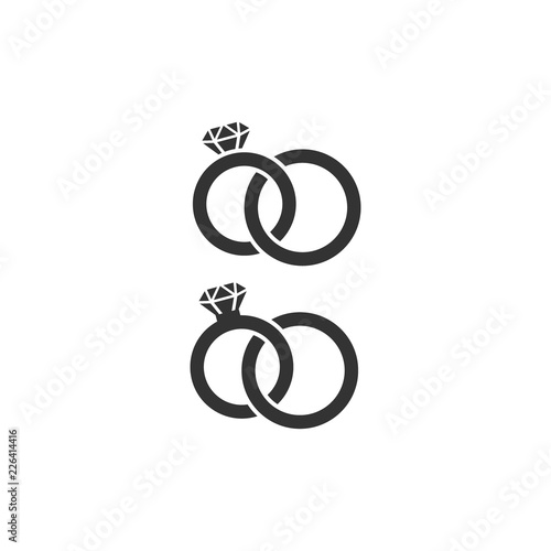 Two wedding rings vector icon. Diamond wedding rings. Bride and groom rings tangled black isolated icons.