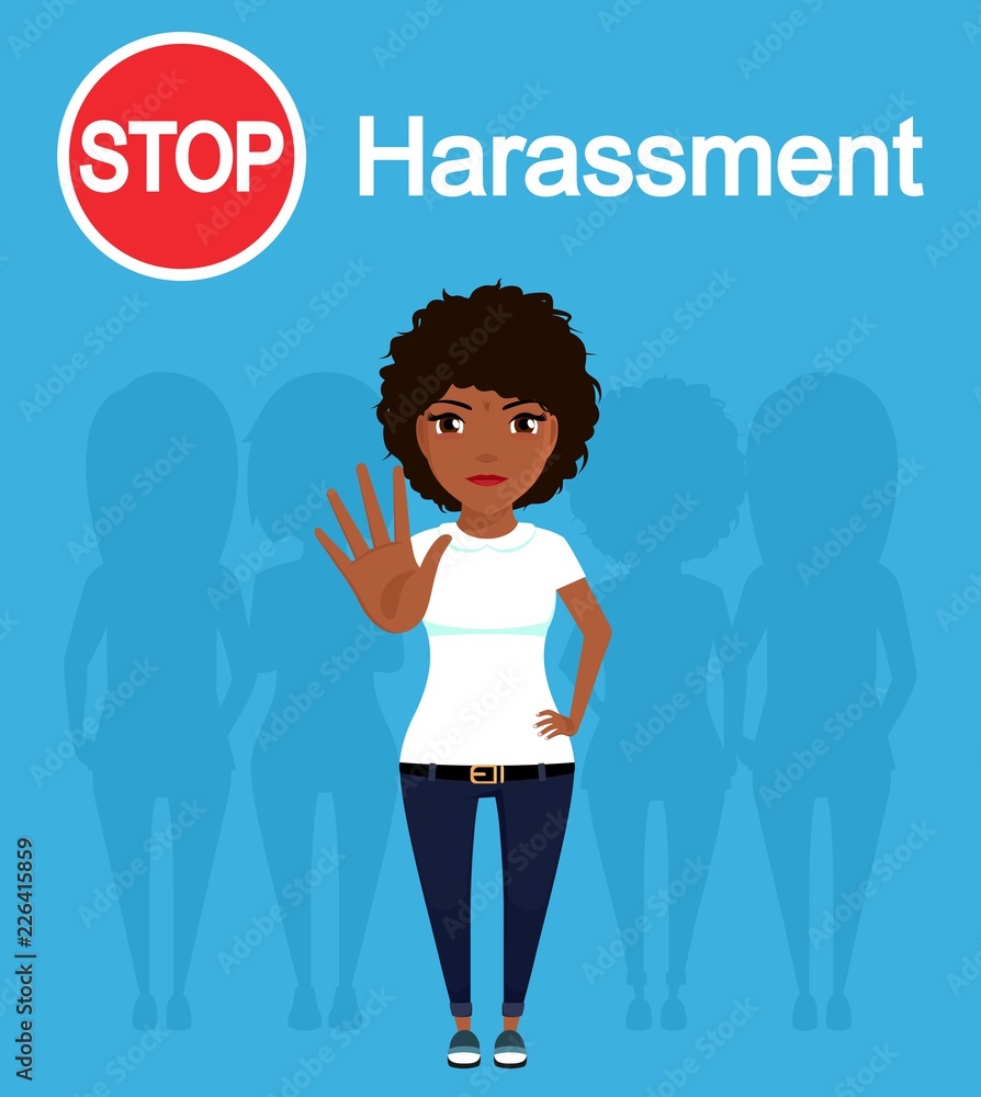 A young girl, an ethnic African, protests against sexual harassment.  Concept. Social problem. In flat style on blue background. Cartoon. Stock  Vector | Adobe Stock