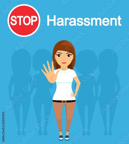A young girl protests against sexual harassment. Concept. Social problem. In flat style on blue background. Cartoon.