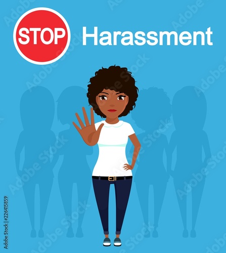 A young girl, an ethnic African, protests against sexual harassment. Concept. Social problem. In flat style on blue background. Cartoon.