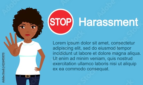 The girl protests against sexual harassment. A girl, ethnically African, puts her hand forward in protest. Social problem. In flat style on blue background. Cartoon.