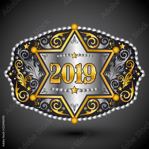 2019 year western cowboy belt buckle with sheriff badge vector design