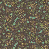 Seamless pattern vector with wind blow flowers and dragonflies. Floral pattern. Vector illustration